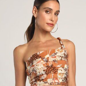 NWT Lulus: Something Wild Brown Multi Print Pleated One-Shoulder Crop Top